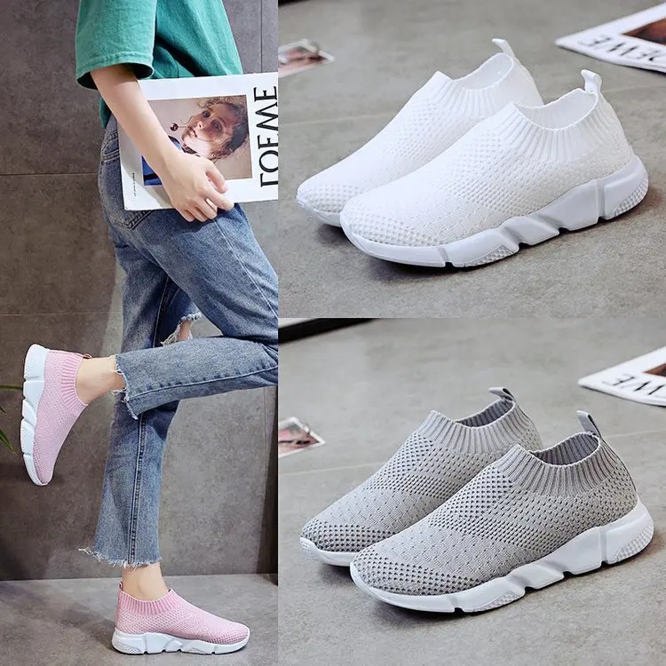 

Women Shoes Flyknit Sneakers Women Breathable Slip On Flat Shoes Soft Bottom White Sneakers Casual Women Flats Krasovki