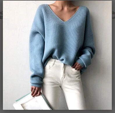 

2019 Autumn Women Blue V-neck Pullover Sweater Lazy oaf Loose Solid Color Casual Sweater Oversize White Black Pullovers