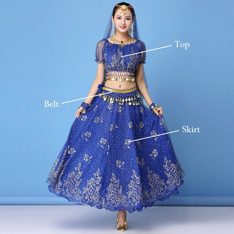 3pcs-blue Болливуд платье костюм Женский индийский танец набор Танец живота Сари одежда танец живота представление одежда шифон танец набор - Цвет: 3pcs-blue