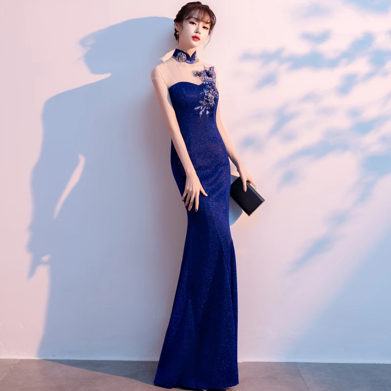 

Women's Plus Size Sexy Party Evening Dress Retro Embroidery Short Sleeve Cheongsam Fish Tail Skirt Long Formal Dresses For Girls