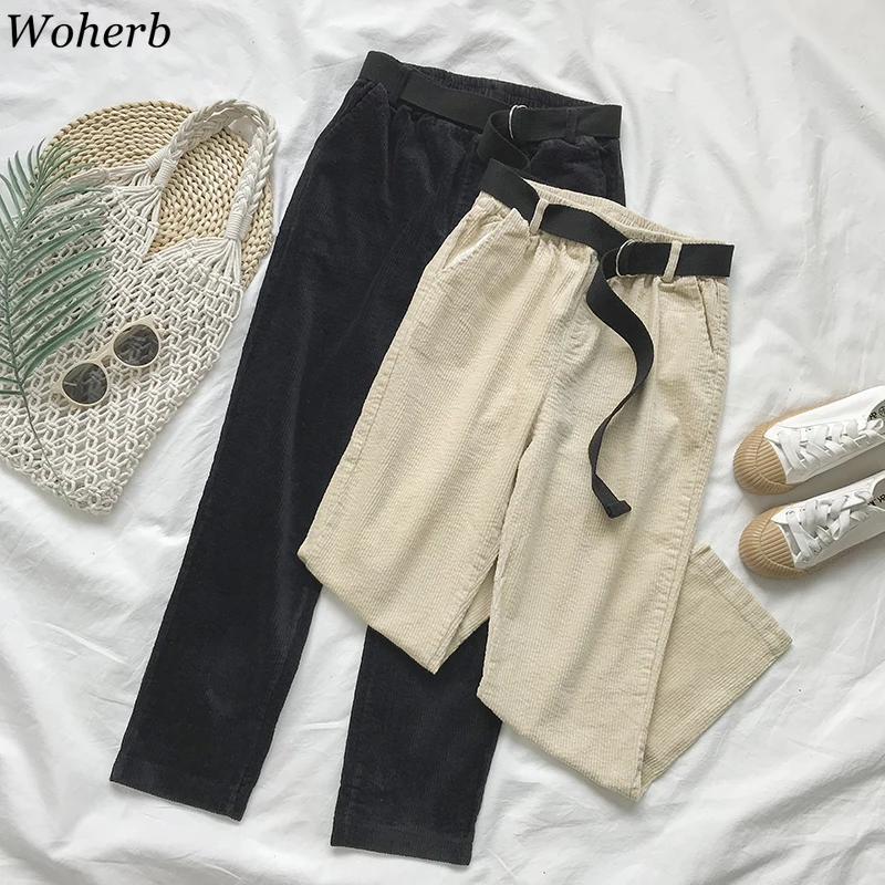 Woherb, винтажные однотонные вельветовые брюки, осенние женские свободные штаны-шаровары с высокой талией и длиной до лодыжки, Женская корейская мода, новинка 91230
