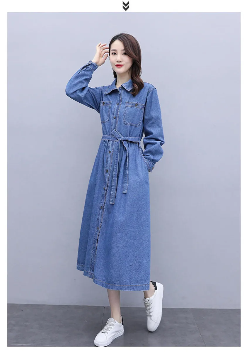 אביב סתיו ארוך שרוול מזדמן ג 'ינס שמלת נשים כיסי כפתור בתוספת גודל ג' ינס שמלה גבוהה רחוב אופנה ארוך שמלות Robe
