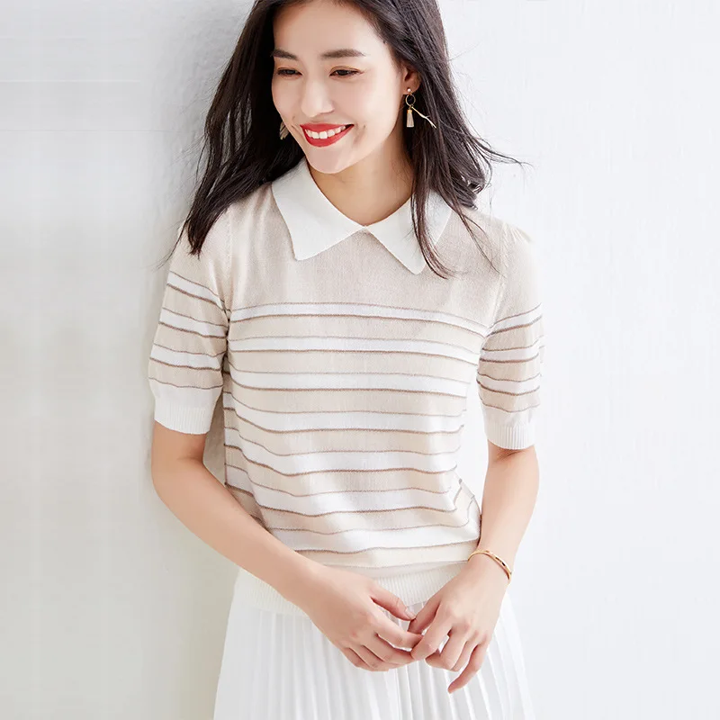 

Fashion 2020 New Summer Striped Knit Sweater Women Contrast Color Short Sleeve Knitwear Pullovers Casual Jumper