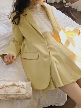 

Preppy style yellow mori girl blazer set solid color two buttons coat and short pleatd skirt 2pcs set for women autumn