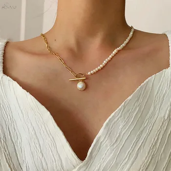 

AOMU 2020 New Korea Natural Pearl Temperament Choker OT Buckle Asymmetric Design Pearl Necklace for Women Accessories Jewelry