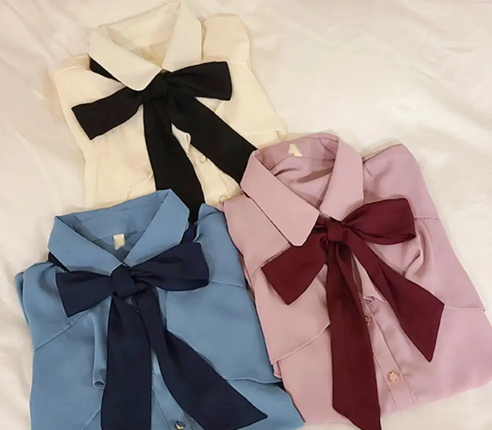 Ruffled Bow Tie Top Autumn Basic Office Lady Work Wear Flare Sleeve Cute Women Single Breasted Button Solid White Shirts Blouses 6