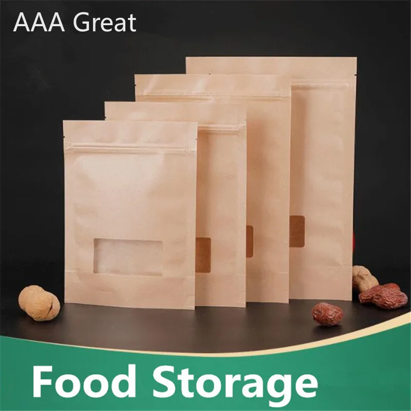 

100Pcs/Lot Dog Food Dried Fruit Packing Bag Kraft Paper Self-Supporting Window Flower Tea Storage Bags Packaging Pouches Candy