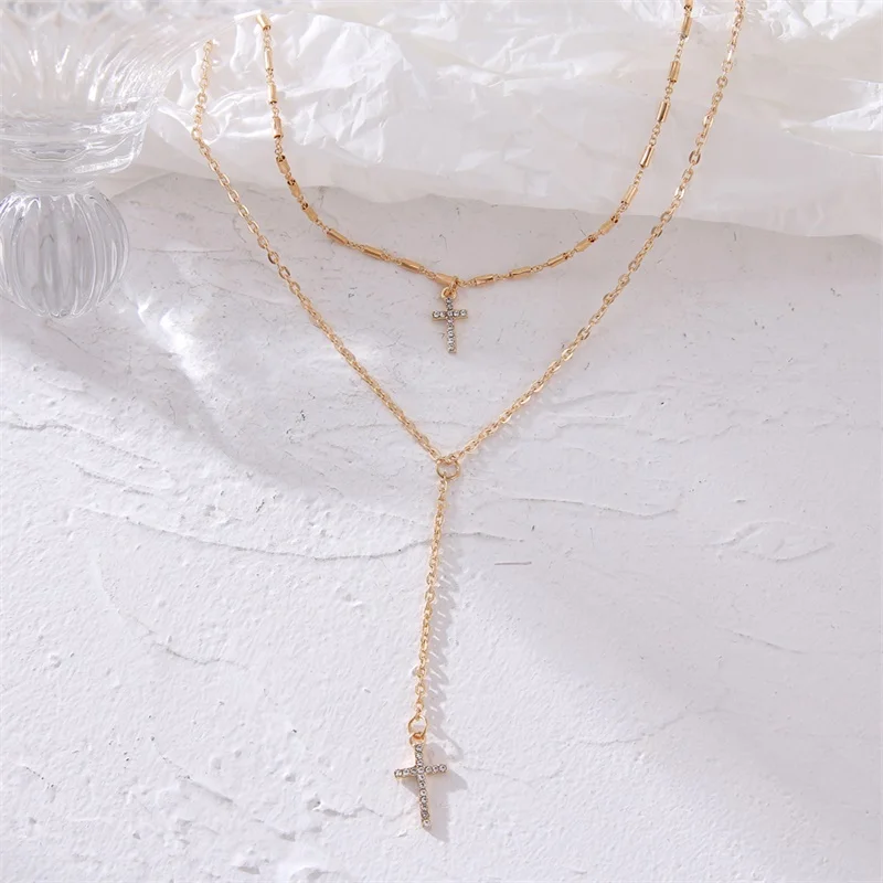 

Fashion Gold Color Crystal Cross Necklaces Pendants Bohemian Double Layered Necklace Religious Christian Jewelry