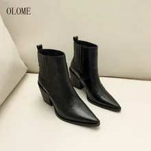 OLOME г., новые модные женские ботильоны черного цвета пикантные женские осенне-зимние ботинки с острым носком на высоком массивном каблуке