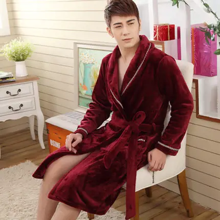 wine red men Couple Nightgown Autumn and Winter Thickening Bathrobe Men's Flannel Sleepwear Coral Fleece Plus Long Ladies Plus Velvet Robes - Цвет: wine red men