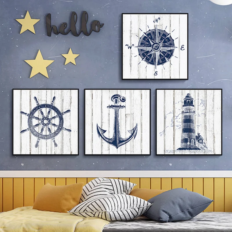 Nautical-Nursery-Wall-Art-Canvas-Painting-Navy-Anchor-Compass-Lighthouse-Print-Arts-Mediterranean-Style-Poster-Boy