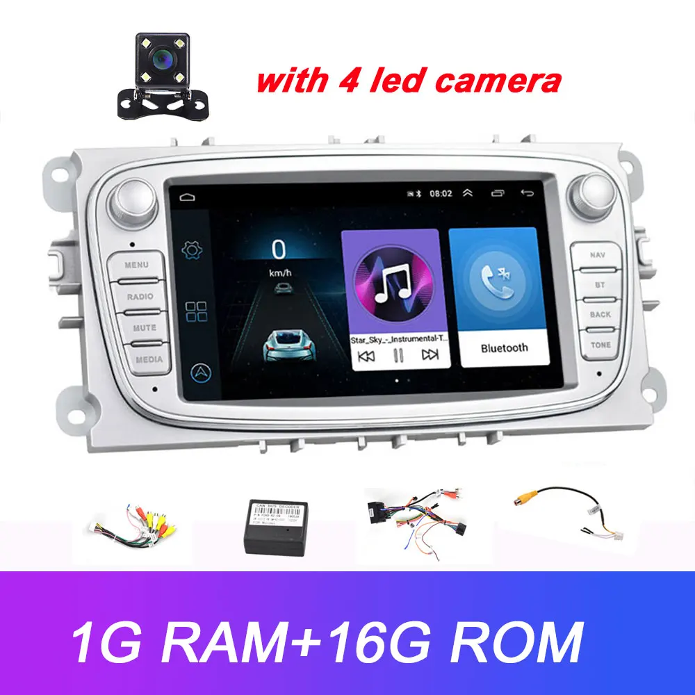 Camecho 2 Din Android 8.1 Car Multimedia player GPS Navigation 7'' Touch Radio for Ford Focus Mondeo C-MAX S-MAX Galaxy II Kuga - Цвет: Silver1G 16G Camera