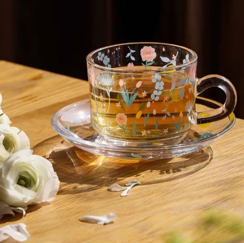 

European INS Style Coffee Cup Set Gobelet Tapa Silicona Glasses Taza Mug Saucer Glass Milk Exquisite Retro Afternoon Tea Cups