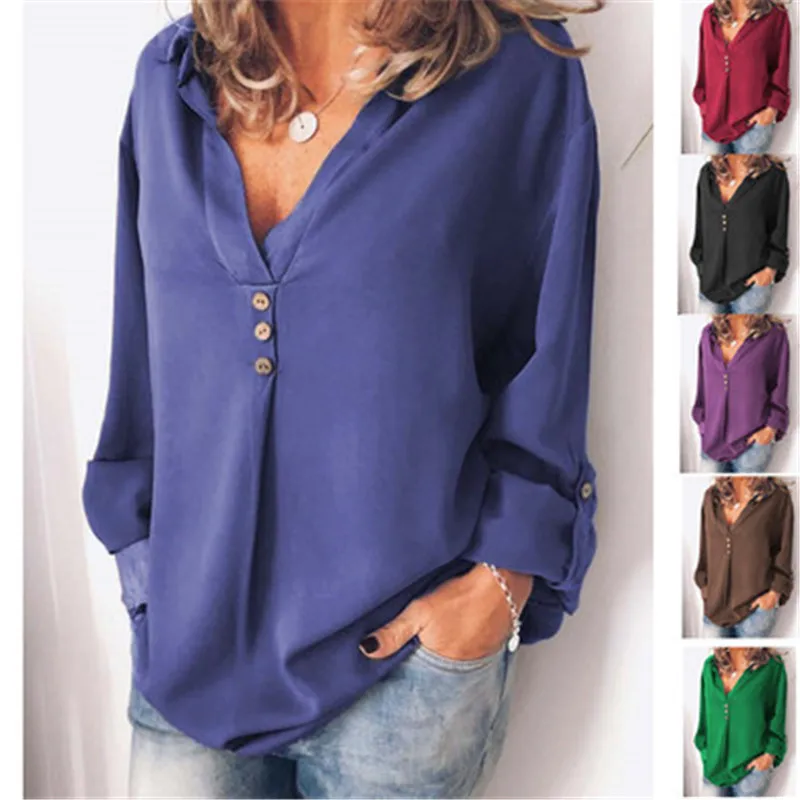 

Women Long Sleeve Blouse Sexy V-Neck Solid Casual Blouses Summer Autumn Plus Size Shirt Female Tops blusas mujer de moda 2019