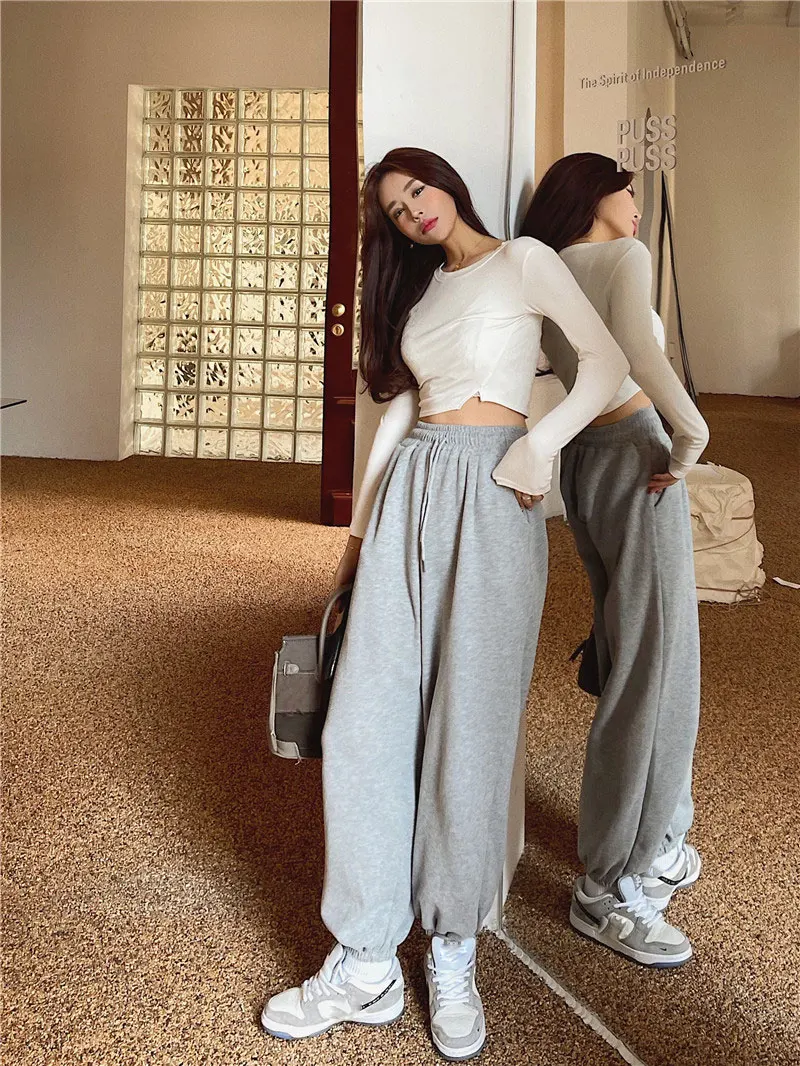 YUANYUANJYCO Autumn Spring Women Baggy Sport Harem Pants Korean Fashion Elastic High Waist Loose White Grey Black Trousers Woman track pants