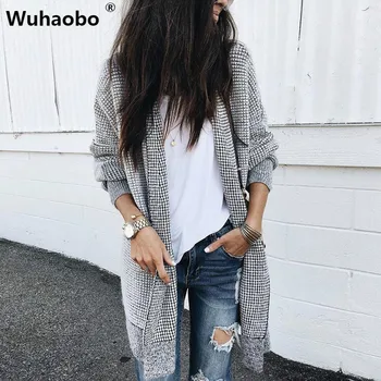 

Wuhaobo Plaid Open Stitch Woolen Coat Women Autumn Winter Fashion Warm Long Jacket Knitted Cardigan Long Sleeve Overcoat Female