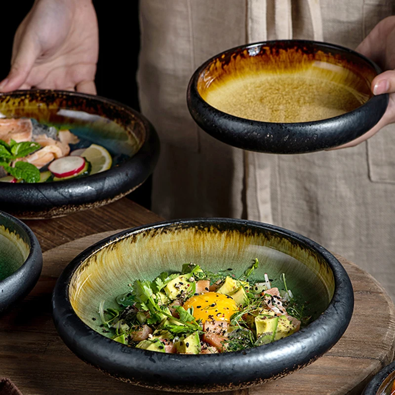 KINGLANG Creative Kiln Ice Split Glaze Ceramic Plate Japanese Sushi Sashimi Plate Dish Salad 1Pcs