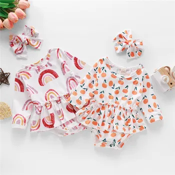 

Baby Girl Rainbow Orange Printed Ruffled Bodysuit with Headband 0-18M Newborn Casual Cotton Long Sleeve O Neck Romper Outfit