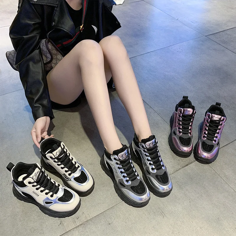 

Mixed Color Glitter Sneakers Women Casual Shoes 2019 Trendy Non-slip Wear-resistant Sole Chunky Trainers Women Vulcanized Shoes