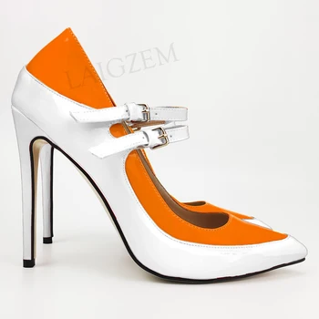 

LAIGZEM 2020 Color Contrast Women Heels Buckle Straps Desgin 12CM High Heels Shoes Women Scarpe Donna Tacones Size 34 43 44 47
