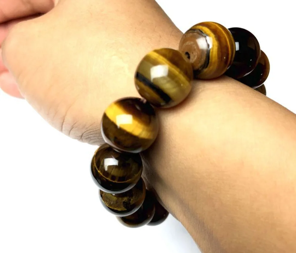 High quality 14mm yellow tiger eye stone string elastic men's bracelet punk retro personality unique jewelry