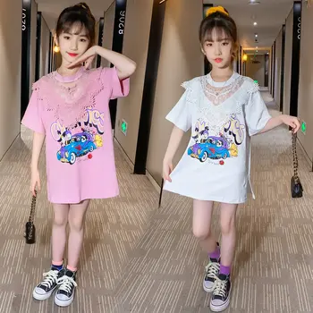 

Princess Fashion Cotton T-shirt for Girls Lace Embroidery Flower Collar Tee Tops Kids Summer Side Slit Tshirt Clothes for Girls