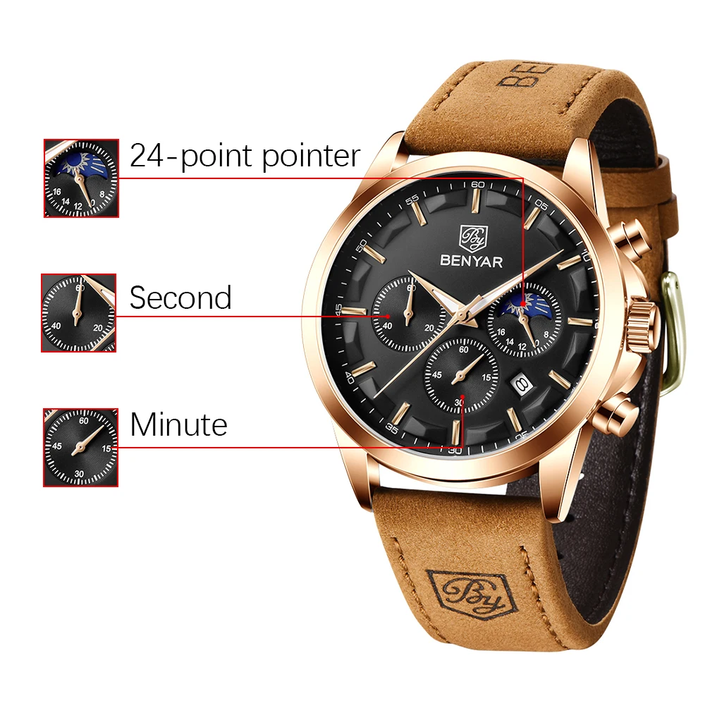 BENYAR Top Brand Luxury Men Quartz Watches 30M Waterproof Leather Military Watch for Men Casual Automatic Date Clock Relojes