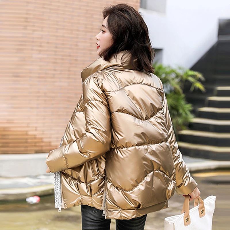 

Красивые Зимние куртки, женские блестящие Свободные повседневные короткие парки, Женские однотонные блестящие толстые пальто с воротником-стойкой и хлопковой подкладкой для дам