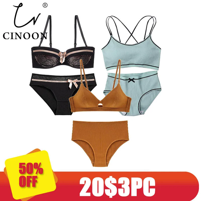  CINOON 3 pieces 2018 High-end Brand Romantic Temptation Bra Set Women Fashion Stripes Underwear Set