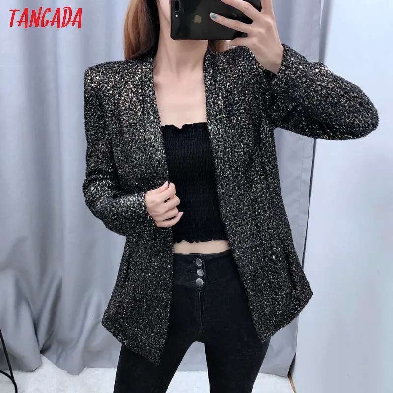 Tangada для женщин Винтаж блестками Блейзер женский с длинным рукавом элегантный пиджак женские вечерние костюмы BE113
