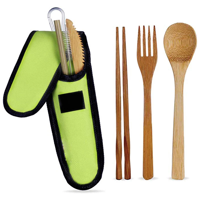 

7 Pcs Travel Utensils Reusable Bamboo Cutlery Set Portable Bamboo Flatware Includes Bamboo Fork Spoon Knife Chopsticks Straw and