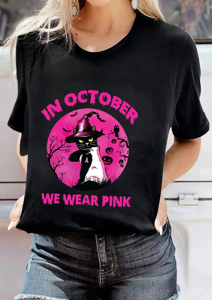 IN OCTOBER WE WEAR PINK Women&#39;s T shirt Halloween Black Witchy Shirt Breast health Tee Casual Vintage Top|T-Shirts| - AliExpress