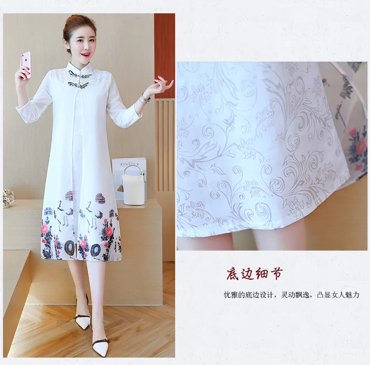 Весна стиль женское платье в китайском стиле Стиль улучшенная Cheongsam девятый рукав средней длины кран платье с цветочным принтом