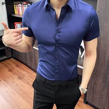 

INCERUN 2020 Fashion Men Business Shirt Social Slim Short Sleeve Lapel Brand Streetwear Camisa Solid Color Mens Dress Shirts 5XL