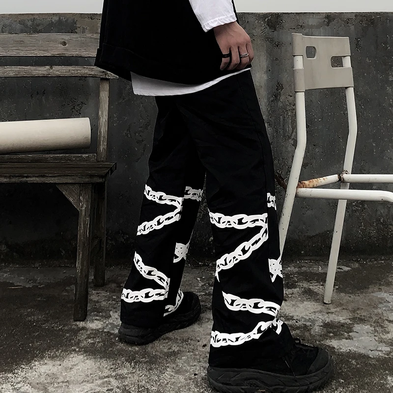 Harajuku Pant Women Men Chain Printing Casual Retro Dark Fashion Unisex Couple Trousers Straight Punk Rock Pants Streetwear