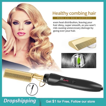 

Hot Hair Pressing Beard Straightening Comb Ceramic Flat Iron Curler High Heat for Course, Thick, and Unruly Hair,Wigs,Beards