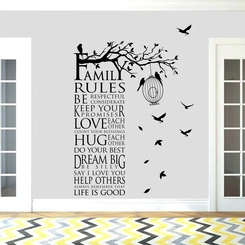 

Creative Quotes Writing Family Rules With Branch Leaves Birds Wall Sticker Vinyl Art Home Decor Living Room Textual Decals A354