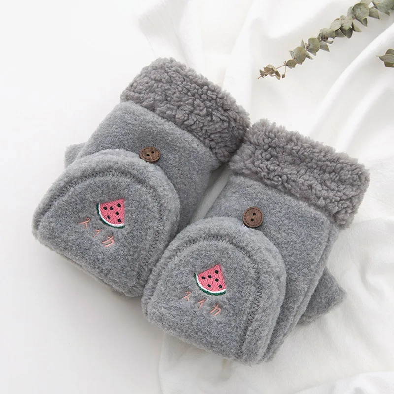 Sheng qi Half-finger Gloves Female Winter Cute Cartoon Students plus Velvet Sweet Japanese-style GIRL'S Touch Screen Warm Gloves
