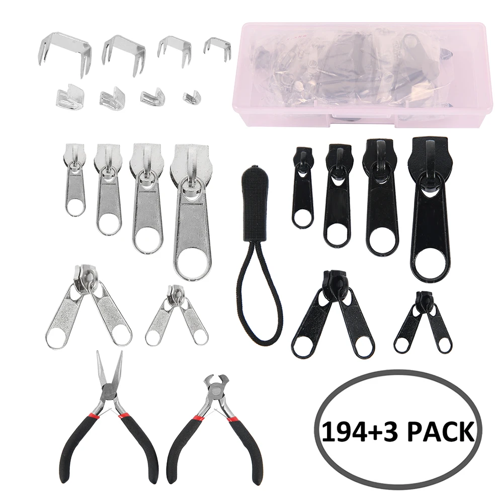 197pcs/set Zipper Replacement Head Zipper Repair Kit Install Plier Metal Lock Zip Slider Tools Pull Garment Accessories