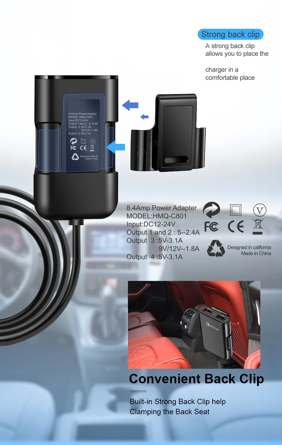 Быстрое Автомобильное зарядное устройство Quick Charge 3,0 4 USB зарядное устройство для телефона с удлинителем 5,6 фута с креплением на заднее сиденье для зарядки автомобиля для iphone samsung