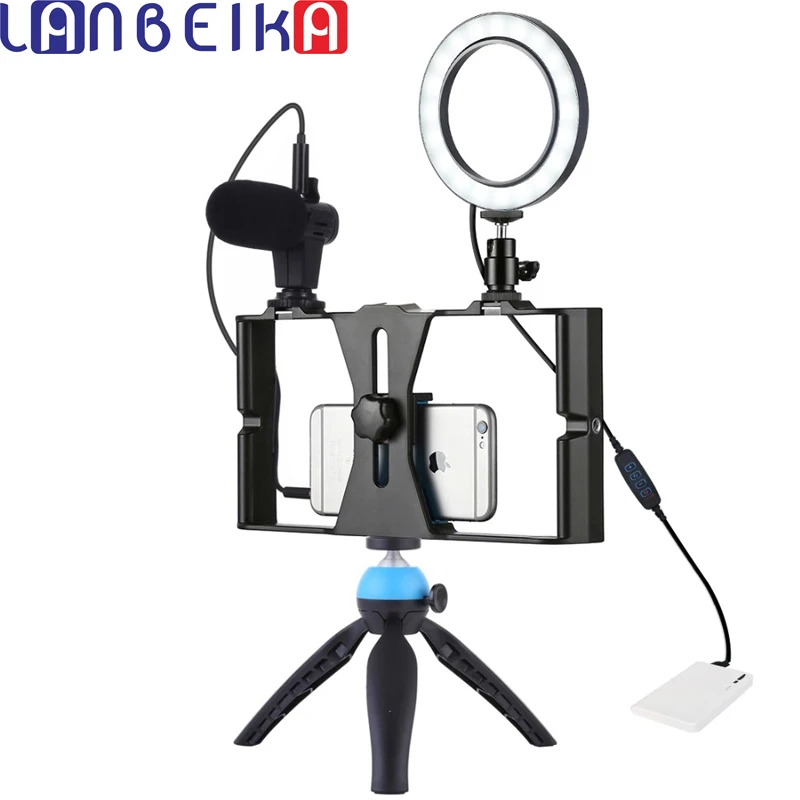 

LANBEIKA 4 in 1 Vlogging Live Broadcast Smartphone Video Rig + 4.6 inch Ring LED Video Light & Microphone + Tripod Mount + Head