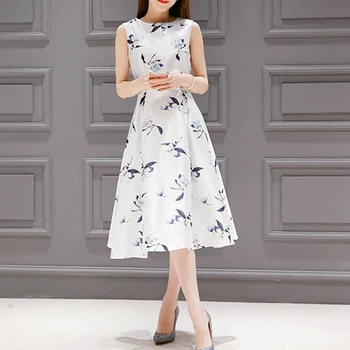 

Pop Lady Dress Floral Pattern Printed Solid Color Mid Waist Sleeveless Dress For Summer Pop 88