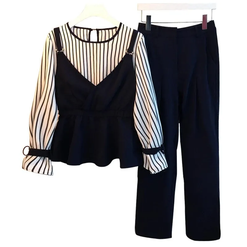 

2018 Plus Size Two Piece Suits Work Suits Striped Flare Sleeve Top And Elastic Waist Pants Women Tracksuit