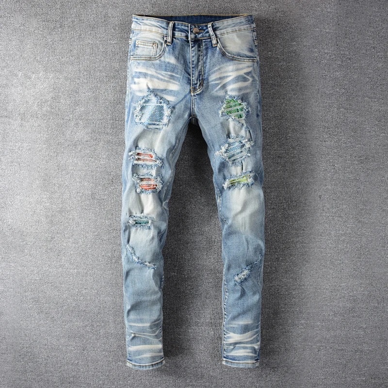 American Streetwear Fashion Men Jeans Light Blue Destroyed Ripped Jeans Men Pants Slim Fit Patches Designer Hip Hop Jeans Homme Buy At The Price Of 41 35 In Aliexpress Com Imall Com