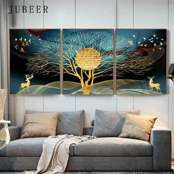 

Scandinavian Style Deer Paintings on The Wall Golden Sun Posters Tree Picture Cuadros Decoracion Salon Nordic Decoration Home