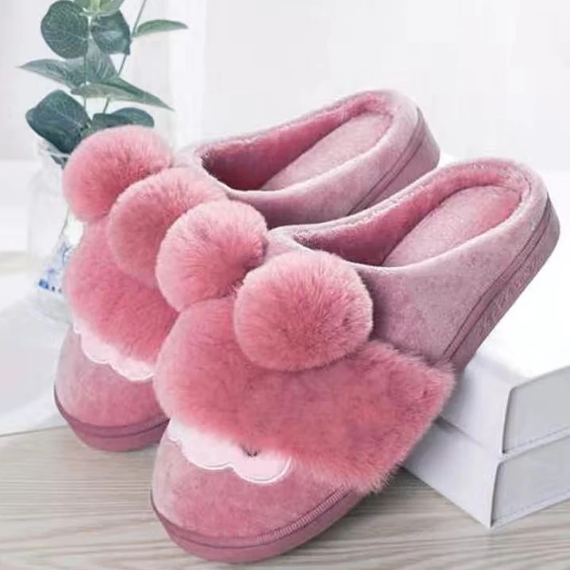 Женские тапочки с меховым помпоном пушистые домашние флисовой подкладкой
