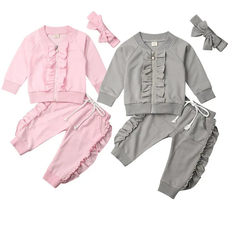 

Winter 3PCS Toddler Baby Girls Ruffles Long Sleeve Zipper Tops Coat Pants Bowknot Headband Warm Clothes