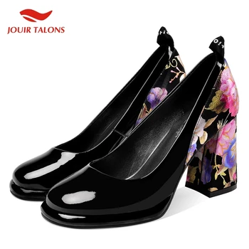 

Brand New Fashion Best Quality Lady Flower Print Block High Heels Sexy Patent Leather Skin Woman Shoes Women Pumps