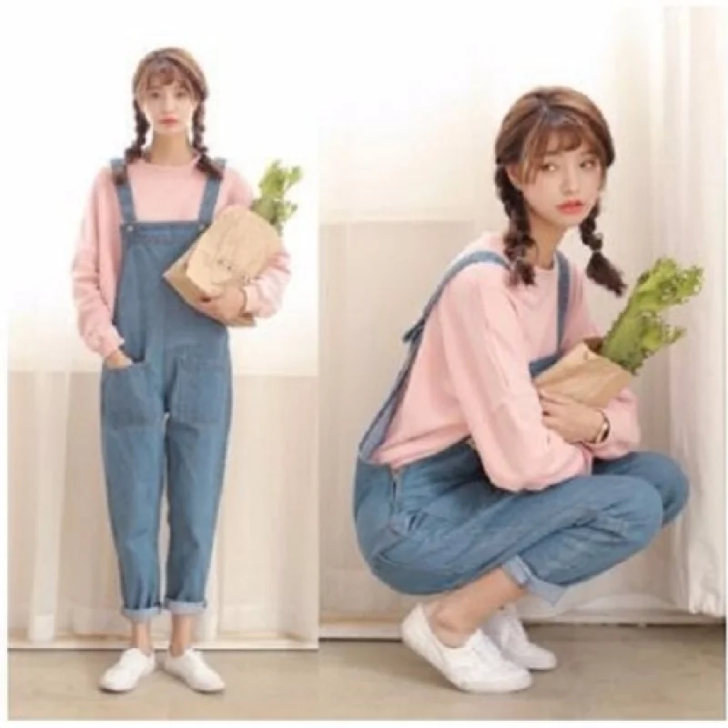 Bib spring and autumn female loose 2020 new tide Korean students bf Harajuku Harlan denim bib pants nine points pants