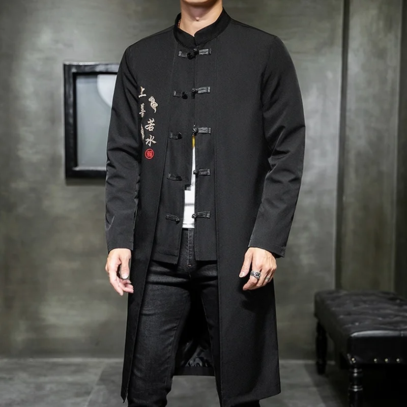 Chinese Style Long Windbreaker Jacket Men Streetwear Oriental Clothes Men Hip Hop Chinese Mandarin Jacket Coat KK3150